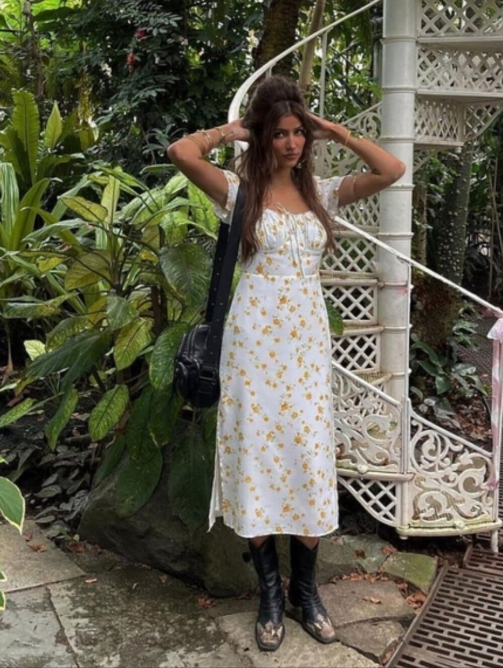 Sundae Muse Marigold Yellow Floral Puff Sleeve Milkmaid Tie Front Midi Dress